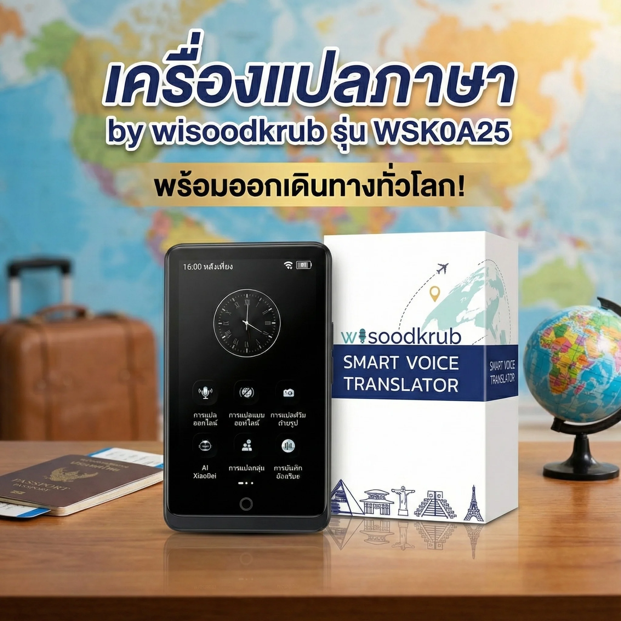 ผู้หญิงกำลังใช้เครื่องแปลภาษา WSK0A25 ที่สนามบิน เหมาะสำหรับการท่องเที่ยว พกพาสะดวก