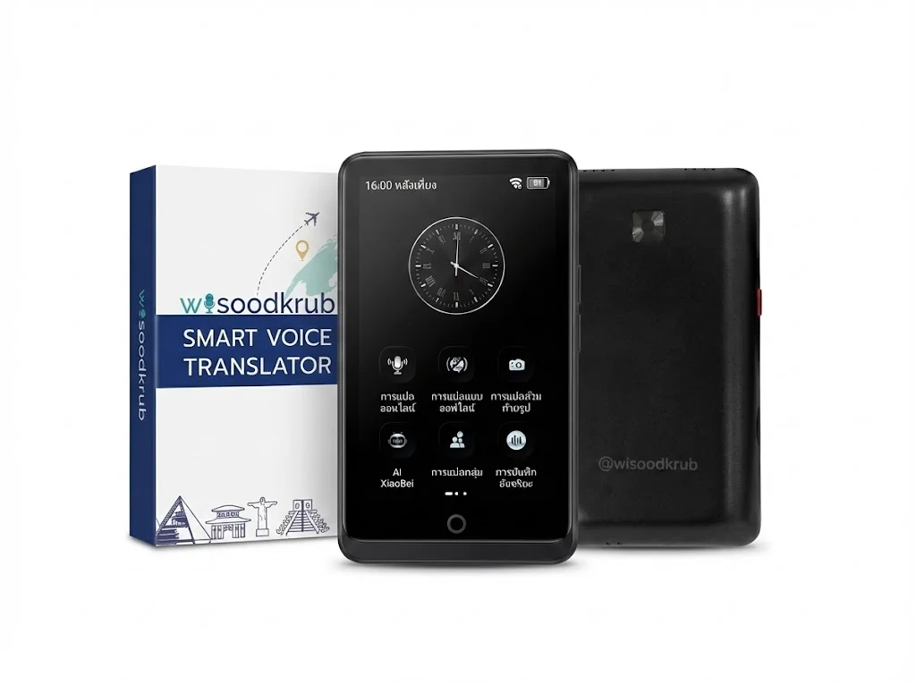 เครื่องแปลภาษา WSK0A25 สีดำ แสดงหน้าจอ HD ขนาด 4 นิ้ว พร้อมกล่องสินค้า Wisoodkrub Smart Voice Translator รองรับ 139 ภาษา